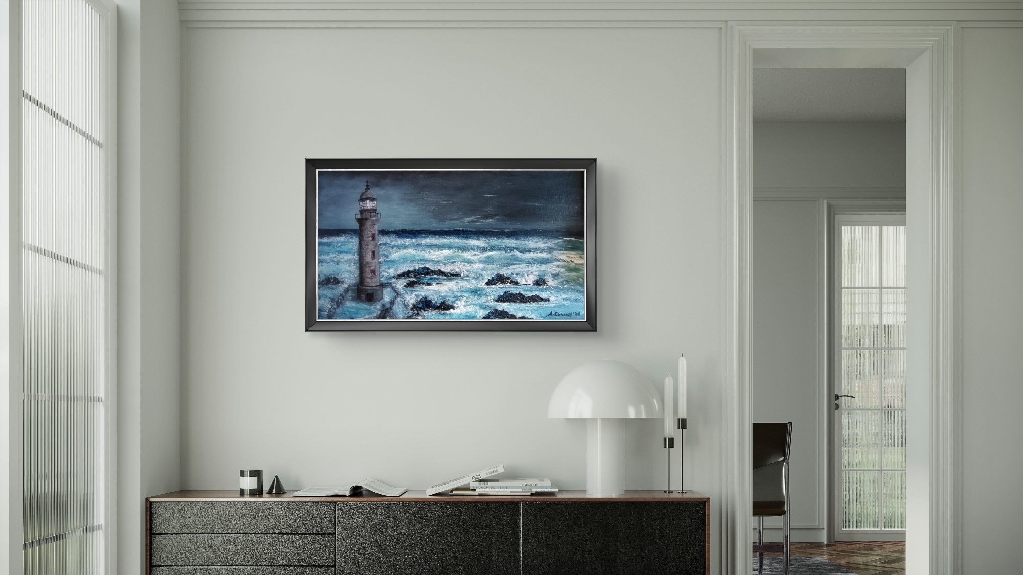 Storm-lit lighthouse seascape framed in a bright hallway