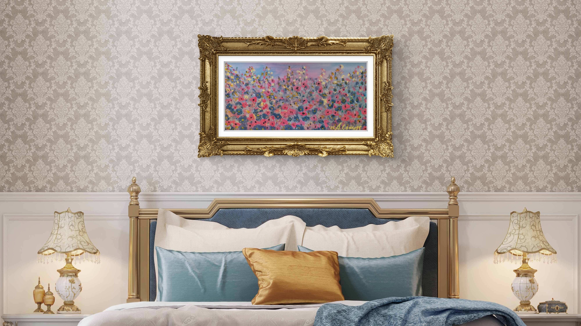 Wildflower field painting in an ornate gilt frame above a bed
