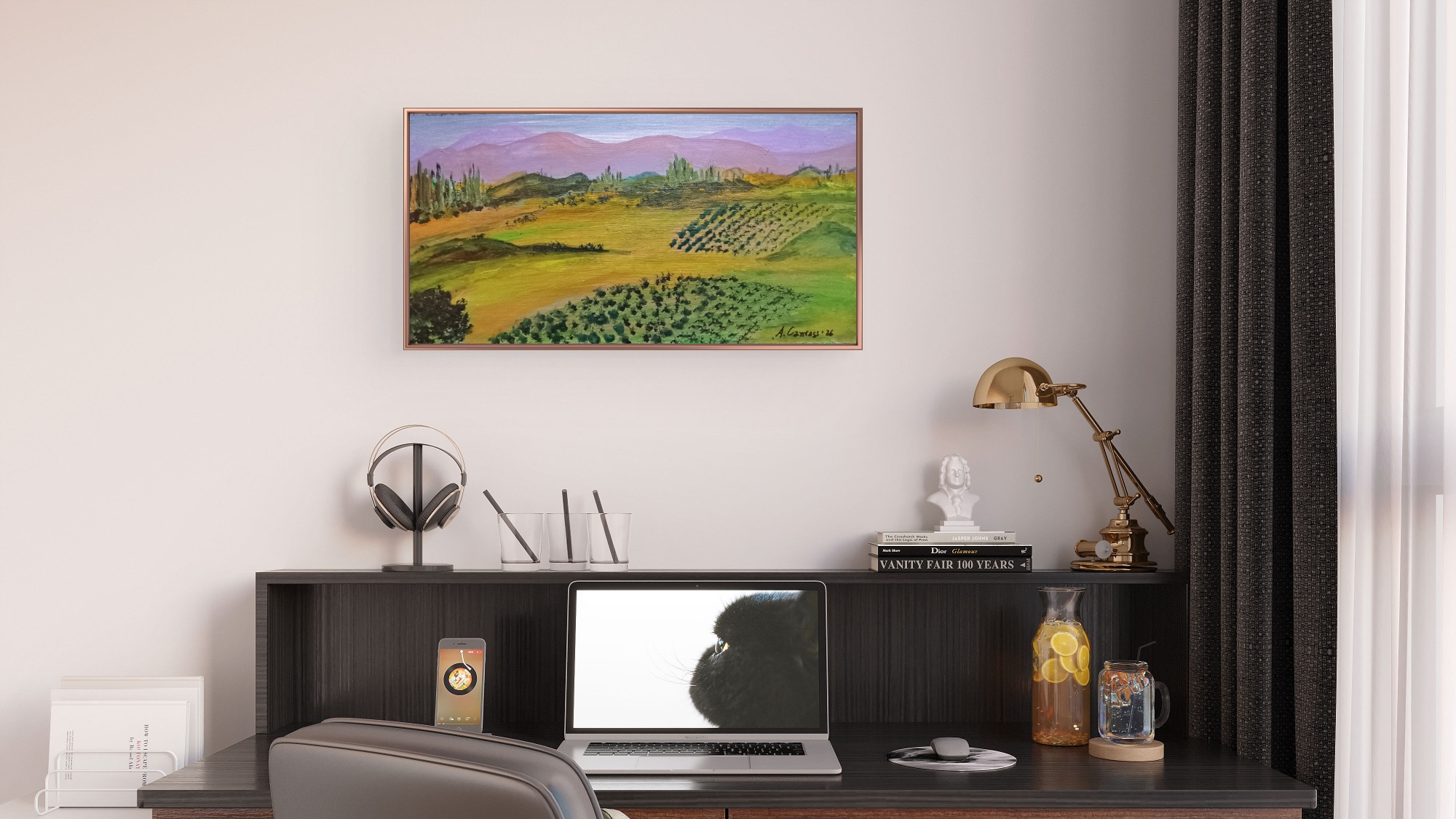 Tuscan hills panorama in a copper frame above a desk